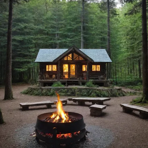 a wooden cabin with a fire pit in the middle of a forest, a brick cabin in the woods, cottage in the woods, cabin in the woods, ...