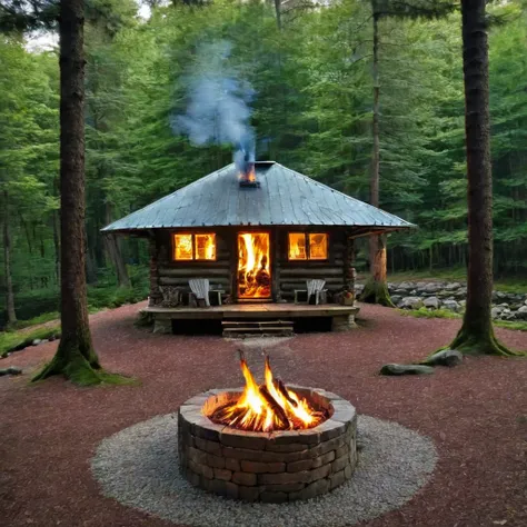 a wooden cabin with a fire pit in the middle of a forest, a brick cabin in the woods, cottage in the woods, cabin in the woods, ...