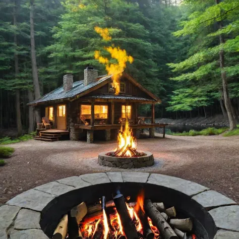 a wooden cabin with a fire pit in the middle of a forest, a brick cabin in the woods, cottage in the woods, cabin in the woods, ...