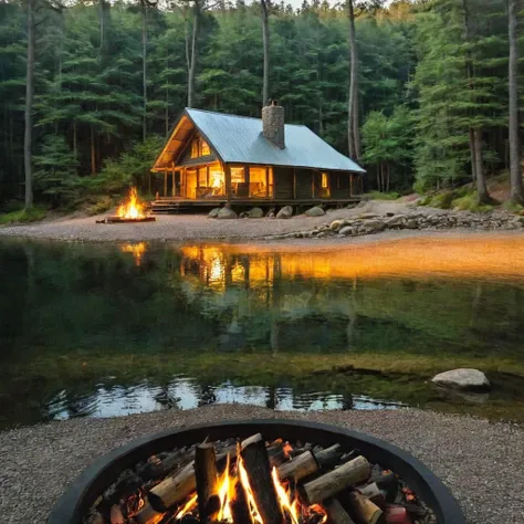 a wooden cabin with a fire pit in the middle of a forest, a brick cabin in the woods, cottage in the woods, cabin in the woods, ...