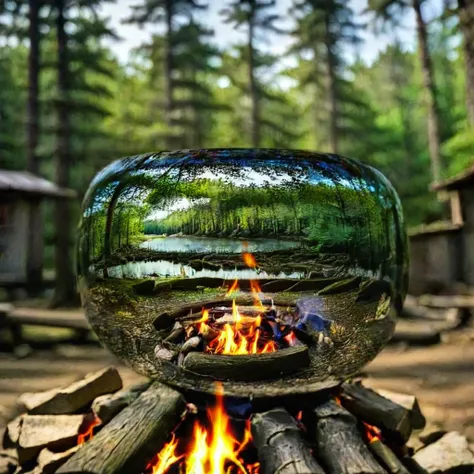 a wooden cabin with a fire pit in the middle of a forest, a brick cabin in the woods, cottage in the woods, cabin in the woods, ...