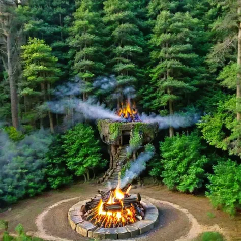 a wooden cabin with a fire pit in the middle of a forest, a brick cabin in the woods, cottage in the woods, cabin in the woods, ...