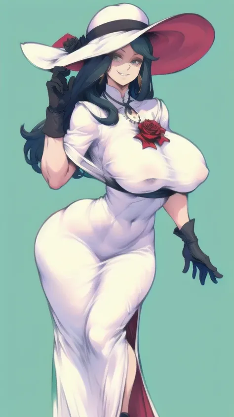 Full body image of Lady Dimitrescu from Resident Evil Village, full body in image, wearing her original elegant outfit (long, off-white, vintage dress with a wide-brimmed hat, black gloves, and a black rose brooch), long hair, female body, curvy body, thic...