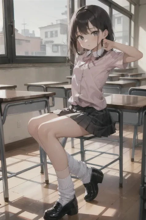 1girl,pink shirts,neck ribbon loose socks,mary jane shoes,miniskirt,classroom,10yo,flat chest