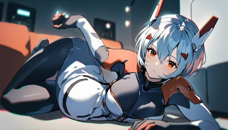 one girl, ayanami rei, pregnant, lie down, raise both hands, open the thighs, alone, red eyes, plug suit, blue hair, short hair,...