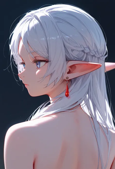 1girl, solo, frieren, white hair, long hair, pointy ears, from behind, looking away, close-up, bare shoulders, naked, earrings, ...