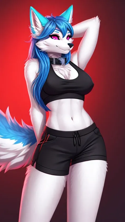 Furry kitsune wolf protogen   female anthropomorphic white fur pink eyes blue ears wearing a black tank top and black shorts  medium breast size 