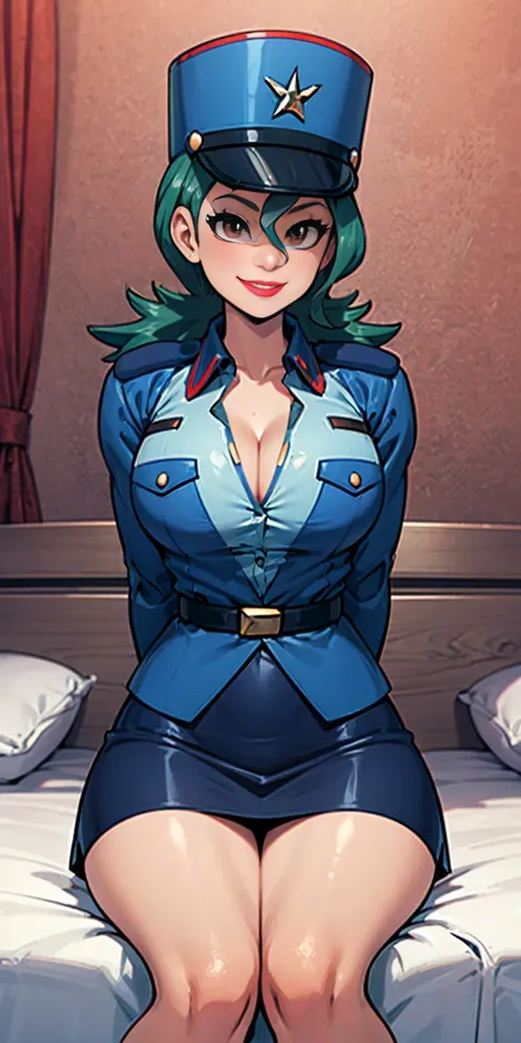 jenny-pokemon sitting on bed, goregous police woman, sitting, perfect legs ((arms behind back)) unbutton shirt, busty, colossal ...