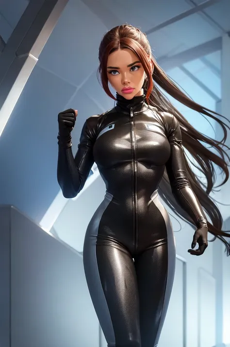 bodysuit made of carbon fiber, neckline, technology gloves, technology boots, futuristic scenery .