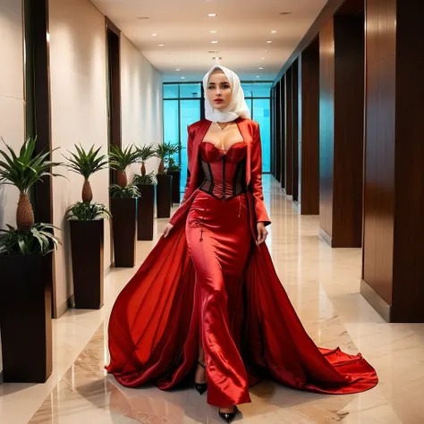 a woman secretary in the translucent red night gown, half naked, wear corset with bra expose, wear blazer,wearing satin hijab, f...