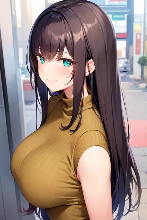 Bowing slightly, looking back, staring、Shooting from above、masterpiece、premium、 A 40 year old woman, with green eyes and lobed and wavy brown bangs..、Wearing a beige turtleneck、wearing jeans、(SMILE:1.3)、tits, neckline, The background is a shopping street.、...