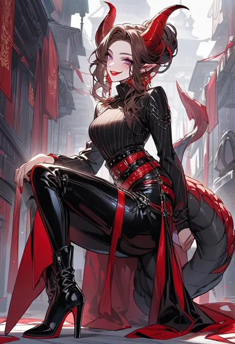 Tall woman, cheeky smile, brunette, hair gathered in a low bun, strands on the sides of face, red and black clothes, purple eyes, many red details, dragon tail and horns, belts, pants, light lipstick, high heels leather boots