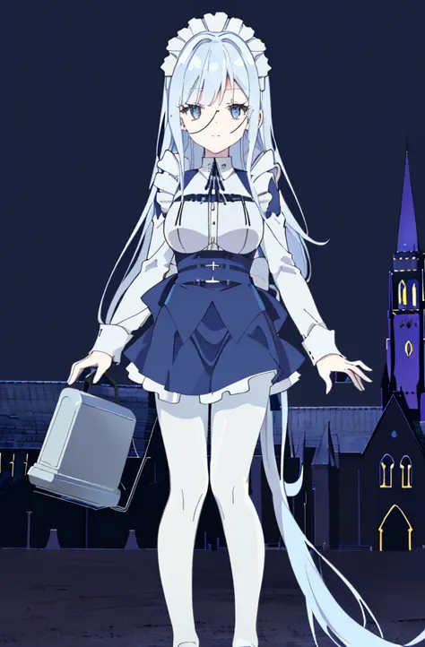 ((cathedral background)),1 girl,blue hair, plump and slender girl, (girl wearing white shirt, black wrinkled skirt, with black transparent pantyhose), ((blue medium hair)),((White Maid Costume)),blue eyes,((whole body)),whole body,((White Maid Costume)),((...