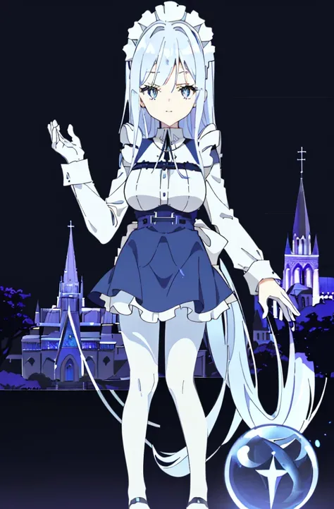 ((cathedral background)),1 girl,blue hair, plump and slender girl, (girl wearing white shirt, black wrinkled skirt, with black transparent pantyhose), ((blue medium hair)),((White Maid Costume)),blue eyes,((whole body)),whole body,((White Maid Costume)),((...