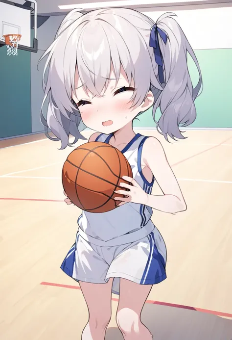 nsfw,
Poorly built, short girl in mini-basketball uniform
Twin-tail hair
Gymnasium with basketball goal