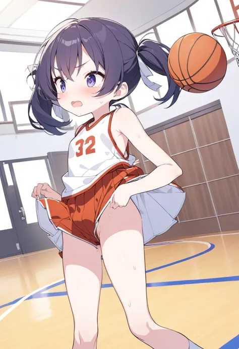 nsfw,
Poorly built, short girl in mini-basketball uniform
Twin-tail hair
Gymnasium with basketball goal