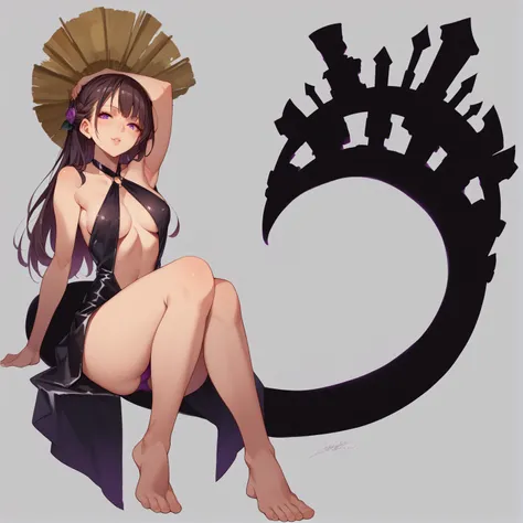 nsfw, exposed breasts, 1 adult anime girl, standing alone, gazing at viewer, black tail, strong purple eyes, sitting down, breasts big, black gown, Twisted and crossed halter, long hair, Long dark brown hair, panties exposed.