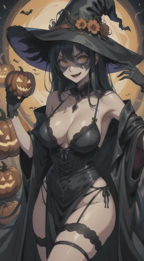 Halloween witch, wearing a evil mask, scary pumpkin face, voluptuous body, in black lingerie dress, 