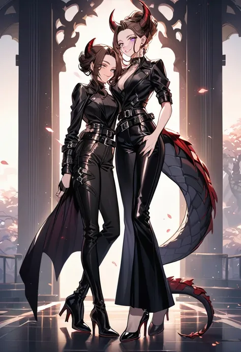 Tall woman, cheeky smile, brunette, hair gathered in a low bun, strands on the sides of face, red and black clothes, purple eyes, dragon tail and horns, belts, pants, light lipstick, high heels leather boots