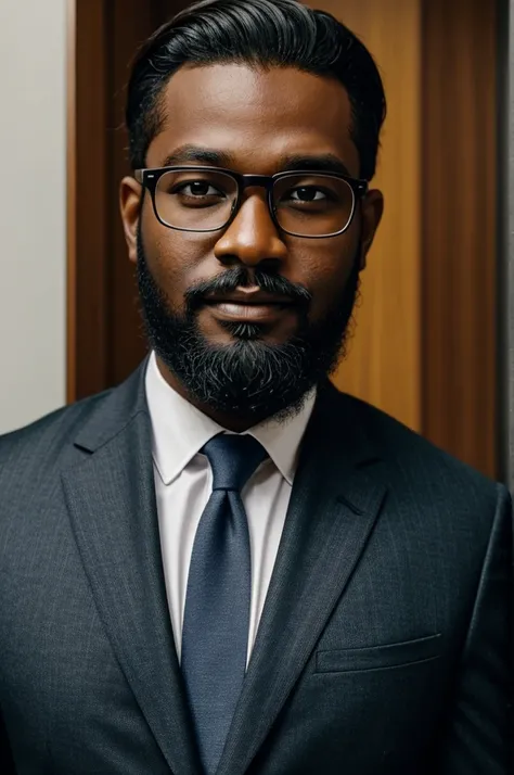 A bearded man with glasses wearing a dark-skinned office suit