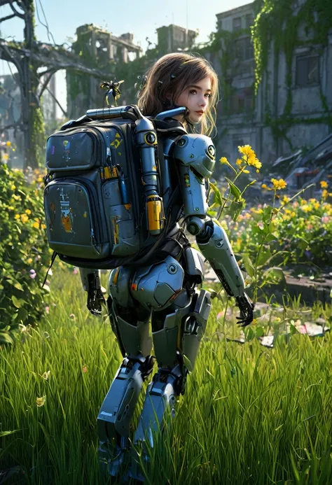 highly detailed, beautiful, best quality, super detailed, high quality, sharp focus, intricate details, combat robot, ruined city, 1girl, , , school backpack, nature, grass, vines, flowers, day, sun