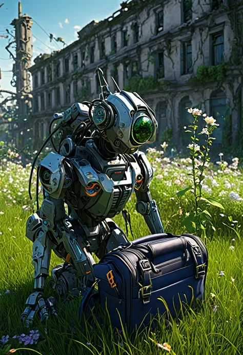 highly detailed, beautiful, best quality, super detailed, high quality, sharp focus, intricate details, combat robot, ruined city, 1girl, , , school backpack, nature, grass, vines, flowers, day, sun