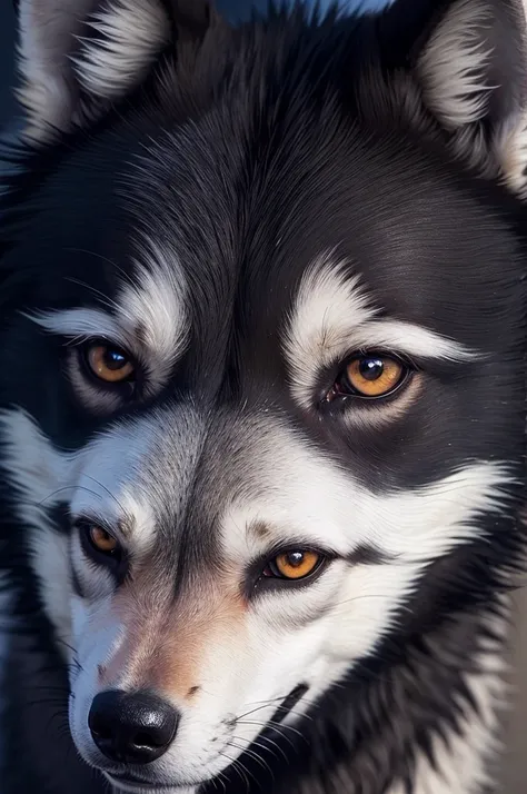 A wolf with black hair and bright eyes.