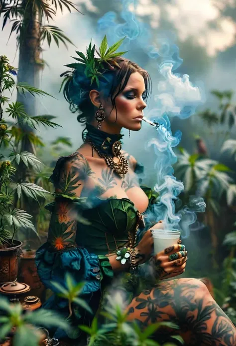 ((Haitian)) ((Steampunk sorceress woman)) Roll up a joint of grass outside, while the alchemy kit bubbles and smokes, (in a detailed flowy outfit), (Cannabis leaf tattoos on arms and legs), High quality photo, relaxing and smoking in the garden (with abund...