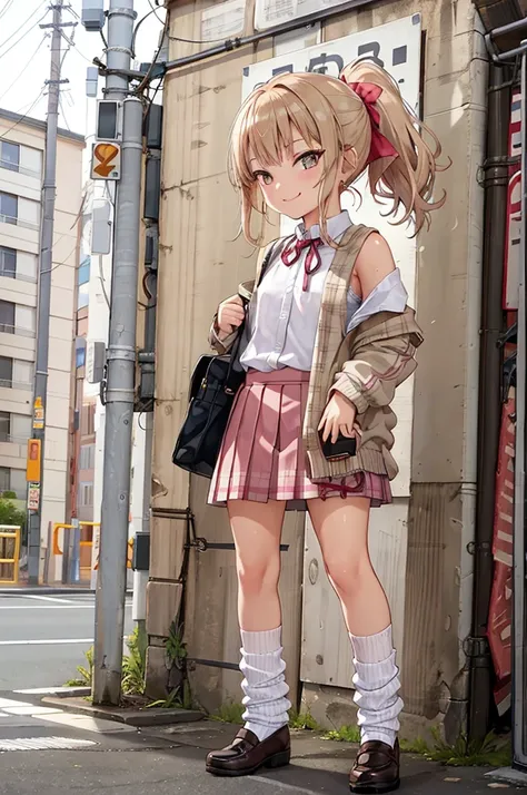 1girl,,neck ribbon loose socks,,miniskirt,standing,outdoor,smirk,flat chest,smile,(((gyaru))),ponytail