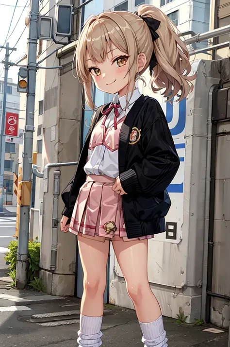 1girl,,neck ribbon loose socks,,miniskirt,standing,outdoor,smirk,flat chest,smile,(((gyaru))),ponytail