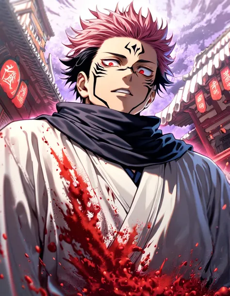 absurdres, highres, ultra detailed, HDR, masterpiece, best quality, Ryomen Sukuna, black hair, expressive red eyes, Jujutsu Kaisen, solo, sexy man, handsome, black scarf, white kimono, red blood water, purple moon, magical, pink hairs, yuji Itadoris body t...