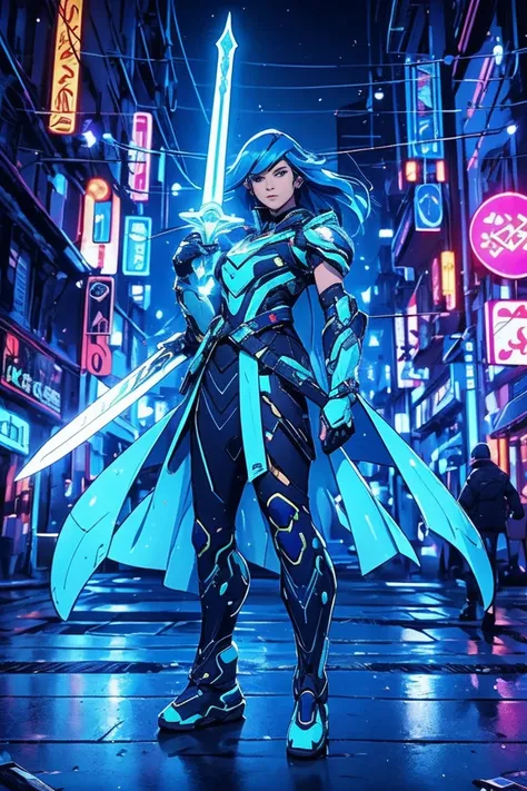 Aiko is a 16-year-old warrior in a cyberpunk world full of magic and technology. She has cyber-blue hair, long and slightly wavy, with strands that look like optical fibers. His eyes are an intense and bright blue, reflecting your connection to magic. The ...