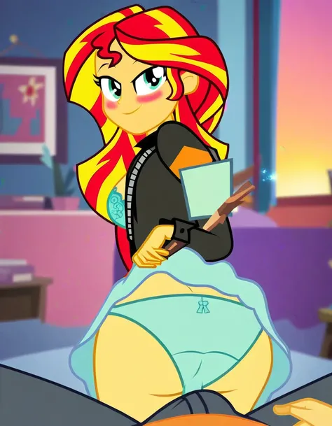 score_9, score_8_up, score_7_up, score_6_up, score_5_up, score_4_up, background sunset apartment, bedroom, sunset shimmer, equestria girls, cute, romantic, bedroom eyes, breasts, bra, female, sexy, bend over, looking back, looking at viewer, beautiful, pan...