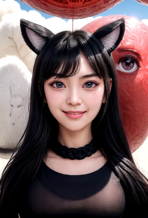 black hair, hair bobbles, wince, longeyelashes, solid circle eyes, fake animal ears, light smile, ear blush, fang, ccurate, Surrealism, drop shadow, anaglyph, stereogram, tachi-e, pov, atmospheric perspective, 8k, super detail, best quality, 1080P, 8k