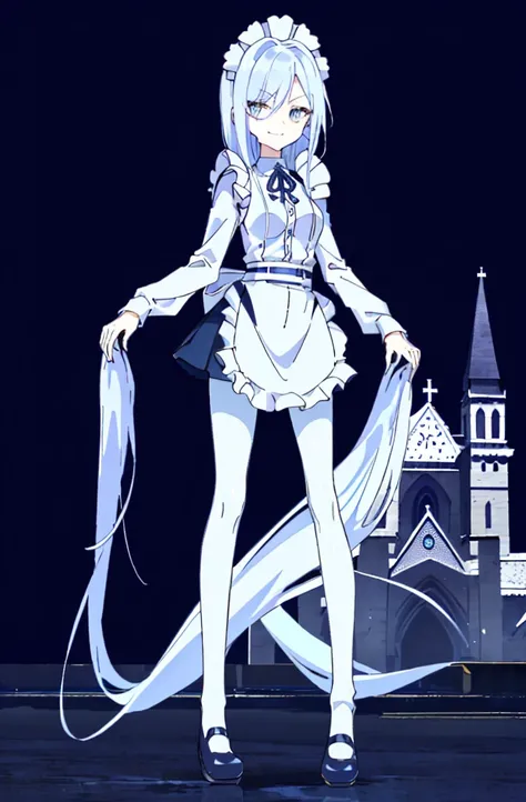 ((cathedral background)),1 girl,blue hair, plump and slender girl, (girl wearing white shirt, black wrinkled skirt, with black transparent pantyhose), ((blue medium hair)),((White Maid Costume)),blue eyes,((whole body)),whole body,((White Maid Costume)),((...