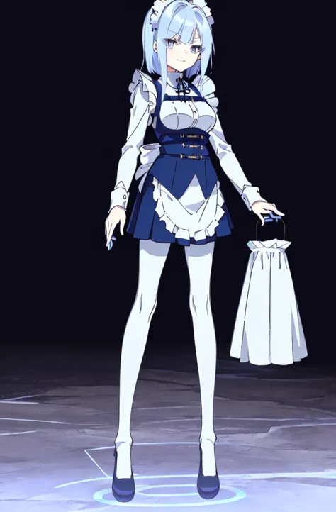 ((cathedral background)),1 girl,blue hair, plump and slender girl, (girl wearing white shirt, black wrinkled skirt, with black transparent pantyhose), ((blue medium hair)),((White Maid Costume)),blue eyes,((whole body)),whole body,((White Maid Costume)),((...