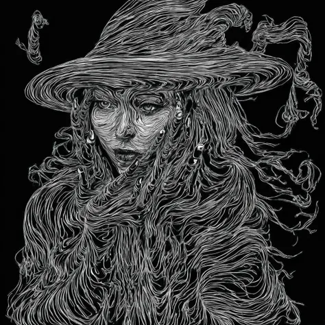 Portrait of a witch, Black and white lines  