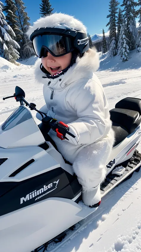 Landscape, Realistic white chubby kitten excitedly driving snowmobile in snowmountine. Wide shot 