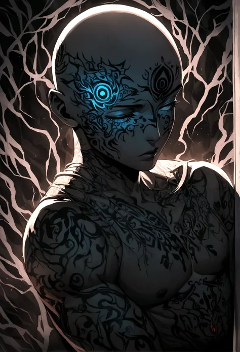 (best quality,highres,ultra-detailed), close-up, bald, tattooed, detailed facial tattoos, shirtless, muscular, fully tattooed body, magical ritual, magical symbols, black magic, dark ambiance, intense lighting, mysterious atmosphere, tribal, powerful, supe...