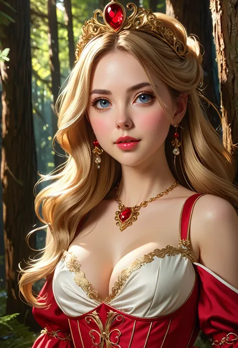 the overall theme and style should feel like. a hybrid of fairytale and Science Fiction. extremely beautiful model, female, long blonde hair, perky breasts, cleavage,, oppulentform fitting hooped skirt, red corset, large exagerated extravagant tiara. Wide ...