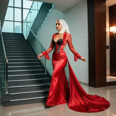 A woman secretary in the translucent red night gown, half naked, wear corset with bra expose, wear blazer,wearing satin hijab, full body,mermaid tight long gown, flowy dramatic long gown,very long flor length gown, tall women, in office lobby,walk down sta...