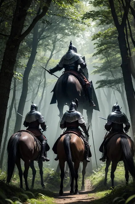 5 knights emerging from a dark forest