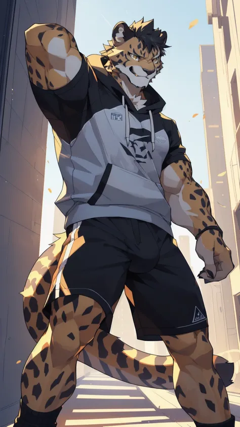 City background，high resolution，4K，masterpiece，high quality，Warm man，29 years old，((Cheetah))，male，((whole body:1.4，Strike a pose:1.5，fiercely:1.3，grimace in pain:1.4))，CheetahFurry，（teenager:1.5，hairy），((Moderate:1.2，short hair:1.3))，((Strong body:1.5，Lon...