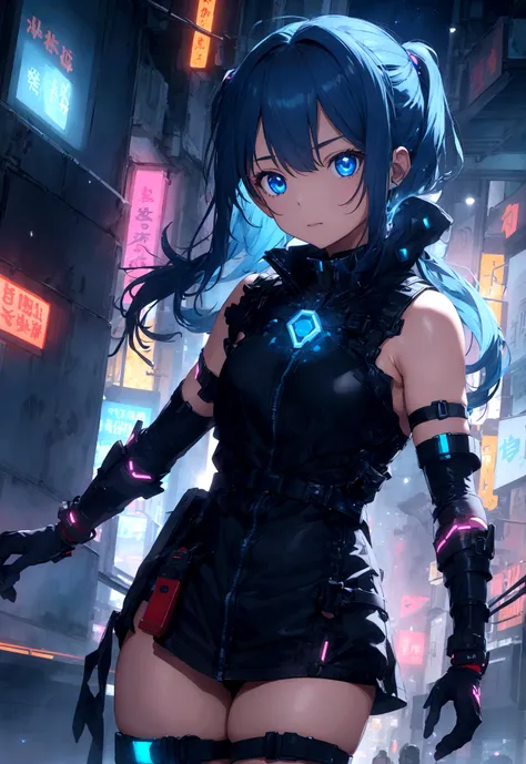 Aiko is a 16-year-old warrior in a cyberpunk world full of magic and technology. She has cyber-blue hair, long and slightly wavy, with strands that look like optical fibers. His eyes are an intense and bright blue, reflecting your connection to magic. The ...