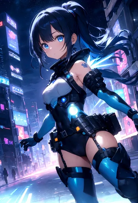 Aiko is a 16-year-old warrior in a cyberpunk world full of magic and technology. She has cyber-blue hair, long and slightly wavy, with strands that look like optical fibers. His eyes are an intense and bright blue, reflecting your connection to magic. The ...