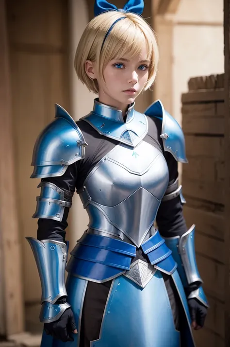 Short hair blonde woman, wearing slightly blue armor, with a big bow in hand 