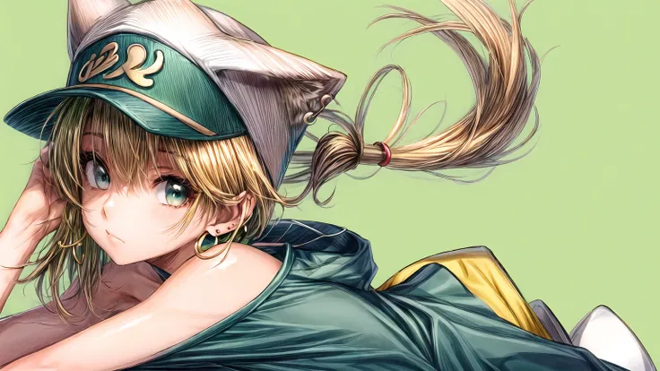 aka shiba,  1girl, aqua eyes, baseball cap, blonde hair, closed mouth, earrings, green background, hat, hoop earrings, jewelry, looking at viewer, shirt, short hair, simple background, solo, upper body, yellow shirt 