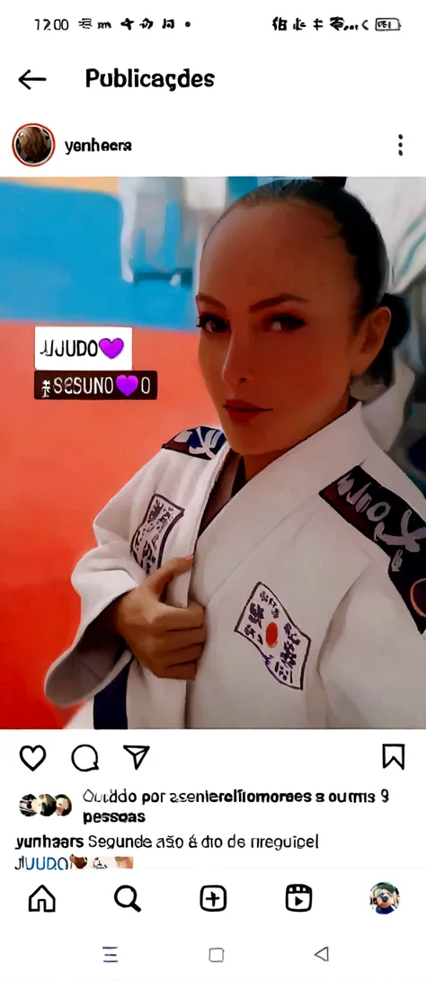 blonder woman, judoka in white kimono with purple belt