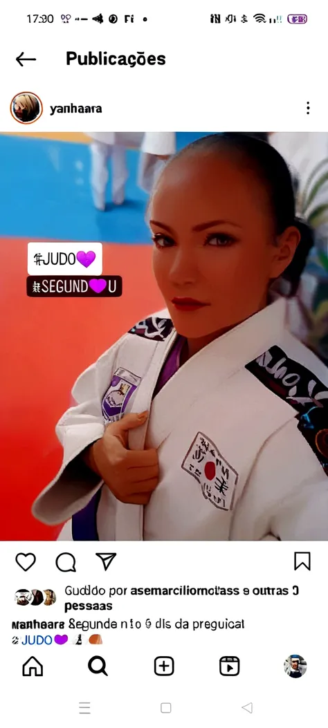 blonder woman, judoka in white kimono with purple belt