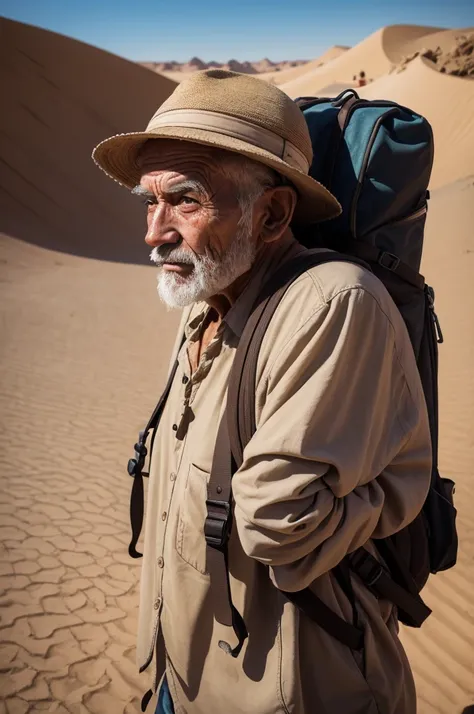 Ugly old man with a hat on his head and backpack on his back in a desert village